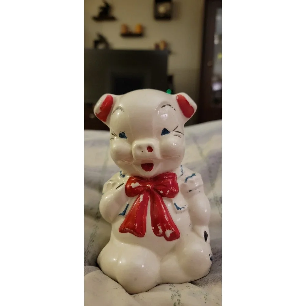 Vintage Lefton Bisque Pottery Ceramic PORCELAIN Pig Piggy Bank RED Bow tie